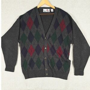 Florence Tricot Mens Argyle Cardigan Sweater Gray Wool Blend Made in Italy LT